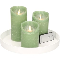 Ronde kaarsenplateau wit van kunststof D27 cm met 3 jade groene LED-kaarsen 10/12,5/15 cm - Kaarsenplateaus
