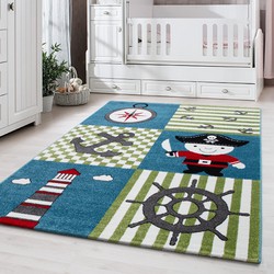 Tapijtenloods Kids Piraat Vloerkleed Kinderkamer Blauw / Groen Laagpolig- 160x230 CM