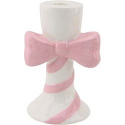 Candle holder - Stripes with Bow - Dolomite - White/Pink - 9x8x14cm
