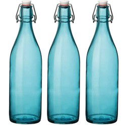 Bormioli rocco waterfles beugeldop - 3x - turquoise - 1000 ml - Drinkflessen