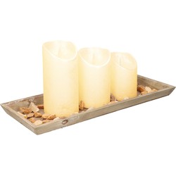 Houten dienblad met steentjes en 3 LED kaarsen in creme kleur 39 x 15 cm - LED kaarsen