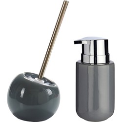 Toilet spullen set - Toiletborstel met zeeppompje - keramiek - grijs - Badkameraccessoireset