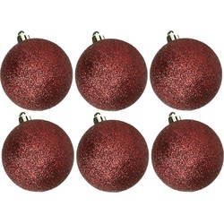 6x stuks kunststof glitter kerstballen donkerrood 8 cm - Kerstbal