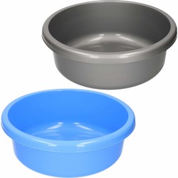 Set van 2 ronde afwasteiltjes 9 liter in de kleuren blauw en grijs 36 x 13 cm - Afwasbak
