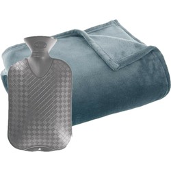 Fleece deken/plaid Grijsblauw 130 x 180 cm en een warmwater kruik 2 liter - Plaids