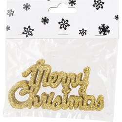 6x stuks Merry Christmas kersthangers goud van kunststof 10 cm kerstornamenten - Kersthangers