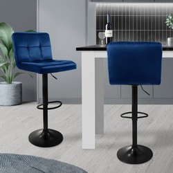 Barkruk set van 2 blauw fluwelen bekleding met rugleuning en voetensteun in hoogte verstelbaar 63-83cm ML-Design