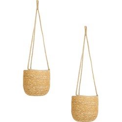 Set van 2x stuks hangende plantenpot/bloempot van jute/zeegras d 19 cm en h 17 cm creme beige - Plantenpotten