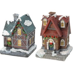 2x Kersthuisjes/kerstdorpje met gekleurde verlichting 13 cm - Kerstdorpen