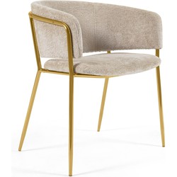 Kave Home - Stoel Runnie met beige chenille en stalen poten met een goudkleurige afwerking