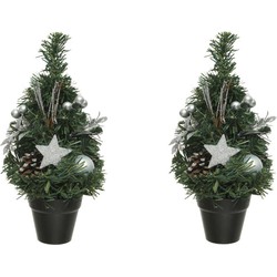 2x stuks compleet versierde miniboompjes zilver 30 cm - Kunstkerstboom