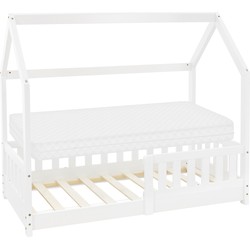 Kinderbed huisbed 70x140 cm wit gemaakt van dennenhout incl. matras H-10cm uitvalbeschermend dak en lattenbodem ML-Design