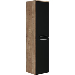 Badplaats Badkamerkast Saturnus 35 x 35 x 130 cm - Kastanje Eiken met Zwart - Hangende Kolomkast met Twee Deuren