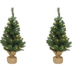 2x Kerst kerstbomen groen in jute zak met verlichting 45 cm - Kunstkerstboom