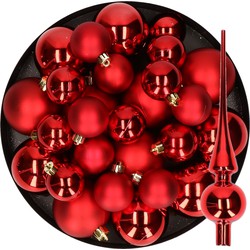 Kerstversiering kunststof kerstballen met piek rood 6-8-10 cm pakket van 37x stuks - Kerstbal