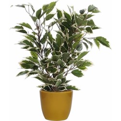 Groen/witte ficus kunstplant 40 cm met plantenpot okergeel D13.5 en H12.5 cm - Kunstplanten
