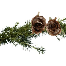 2x stuks kerstboom bloemen roos goud bruin glitter op clip 10 cm. - Kersthangers