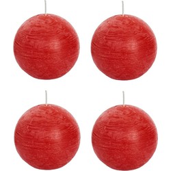 4x Ronde rustieke kaarsen rood 8 cm 24 branduren sfeerkaarsen - bolkaarsen