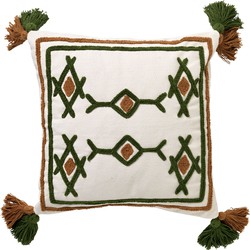 Dutch Decor ZITA - Kussenhoes katoen 45x45 cm - Chive - groen / wit / bruin - met flosjes - Dutch Decor