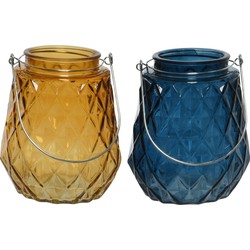 Set van 2x stuks theelichthouders/waxinelichthouders ruitjes glas cognac en donkerblauw 11 x 13 cm - Waxinelichtjeshouders