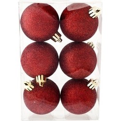 18x Kunststof kerstballen glitter donkerrood 6 cm kerstboom versiering/decoratie - Kerstbal