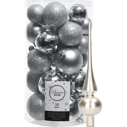 Decoris kerstballen 30x stuks - zilver 4/5/6 cm kunststof mat/glans/glitter mix en piek - Kerstbal