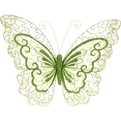 Vlinder met glitters groen op klem 34 cm - Kersthangers
