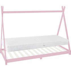Kinderbed Tipi 90x200 cm roze van grenenhout incl. matras H-16cm houten bed met lattenbodem ML-Design