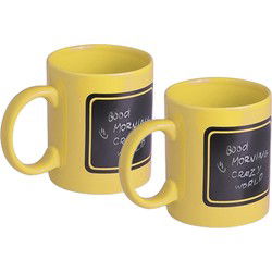 Luxe krijt koffiemok/beker - 2x - geel - keramiek - met zwart schrijfvlak - 350 ml - Bekers