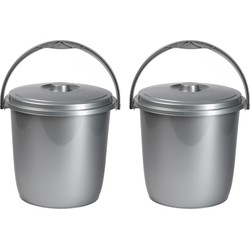 2x Schoonmaakemmers/vuilnisemmers 15 liter zilver - Emmers