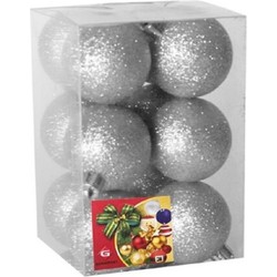 Gerimport Kerstballen - 12x stuks - zilver - kunststof - glitters - D6 cm - Kerstbal