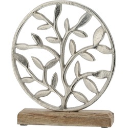 Decoratie levensboom rond van aluminium op houten voet 25 cm zilver - Beeldjes