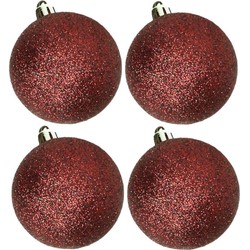 4x stuks kunststof glitter kerstballen donkerrood 10 cm - Kerstbal