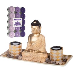 Boeddha beeld voor binnen 31 cm met 30x geurkaarsen lavendel - Beeldjes