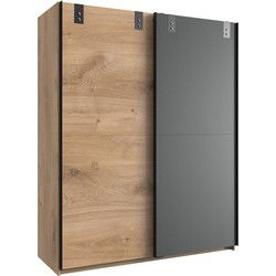Kledingkast met 2 schuifdeuren: 1 eikenhouten decor + 1 grafiet - L135cm