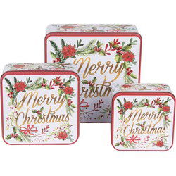 Clayre & Eef Bewaarblik Set van 3 20x20x8/ 15x15x7/ 12x12x6 cm Wit Rood Metaal MERRY CHRISTMAS