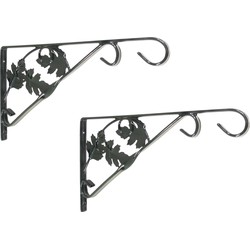 2x stuks muurhaak / plantenhaak met bladermotief voor hanging basket van verzinkt staal groen antraciet 35 cm - Plantenbakhaken