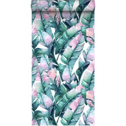 ESTAhome XXL behang bananenbladeren turquoise en roze - 50 x 900 cm - 158896