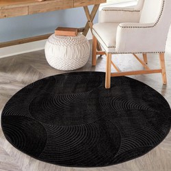 Everest Vloerkleed Modern 3D Boho Laagpolig Rond Tapijt Woonkamer Zwart- 200 CM ROND