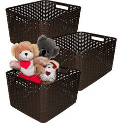 Plasticforte Opbergmand - 3x - Kastmand - rotan kunststof - donkerbruin - 18 Liter - 29 x 39 x 20 cm - Opbergmanden