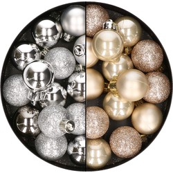28x stuks kleine kunststof kerstballen zilver en champagne 3 cm - Kerstbal