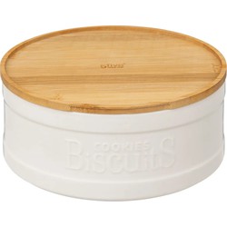 5Five koektrommel/voorraadblik Biscuits - keramiek - met bamboe deksel - wit/beige - 23 x 10 cm - Voorraadblikken