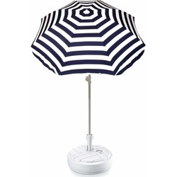 Blauw gestreepte strand/tuin basic parasol van nylon 180 cm + parasolvoet wit - Parasols