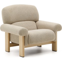 Kave Home - Cabana fauteuil in beige chenille en poten van massief essenhout in naturel afwerking FSC