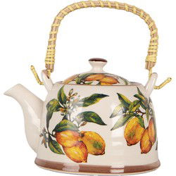 Clayre & Eef Theepot met Filter Wit Geel Keramiek Citroenen