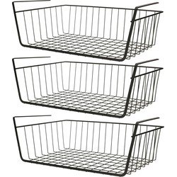 MSV Kastmandje - 3x - opberg/hang mandjes - rvs - zwart - 39 x 25 x 14 cm - Opbergmanden