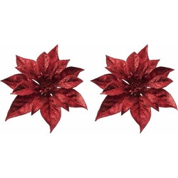 4x Kerstversieringen kerststerren bloemen rood op clip - Kersthangers