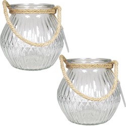 3x stuks glazen ronde windlichten Crystal 2,5 liter met touw hengsel/handvat 16 x 14,5 cm - Vazen