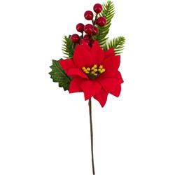 Kerststukje stekertje met hulst/bessen/dennentak/kerstster groen/rood 26 cm - Kerststukjes