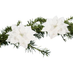 2x stuks kerstboomversiering op clip witte besneeuwde bloemen 15 cm - Kersthangers